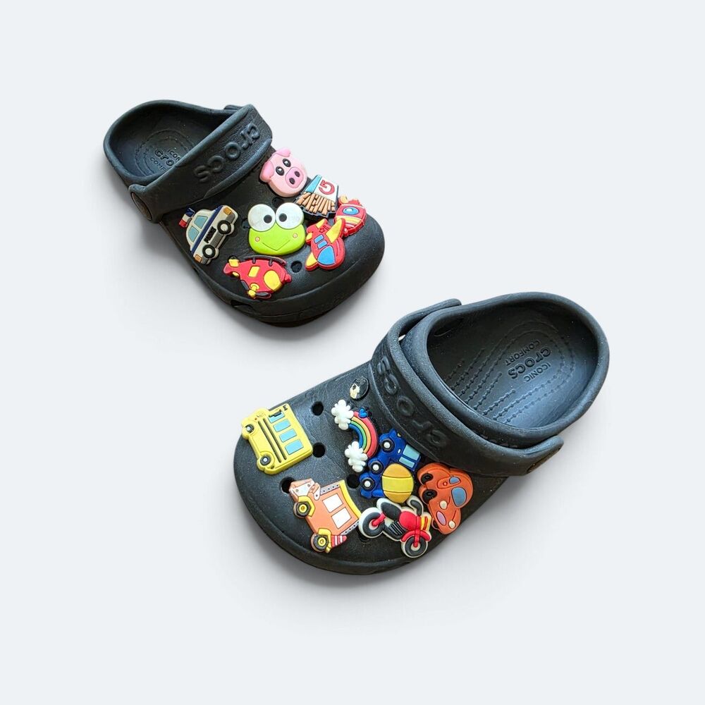 Crocs Kids Classic Clogs Black Size C6 With 12 Vehicle Jibbitz Charms